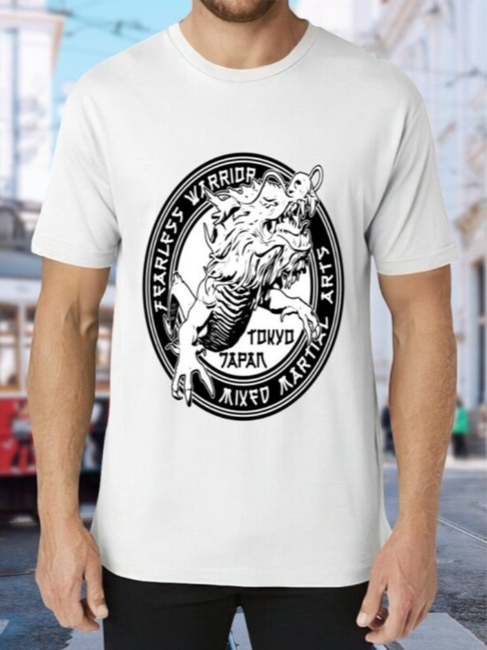 Graphic White Tee with Black Tokyo Mixed Arts Emblem